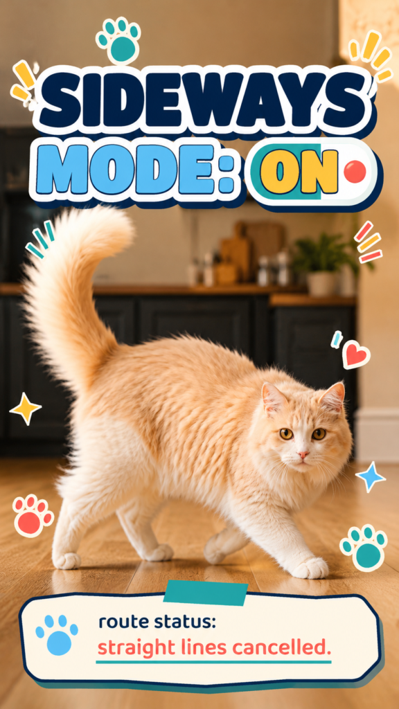 A fluffy cream-and-white cat walks sideways across a warm wooden floor in a home kitchen.