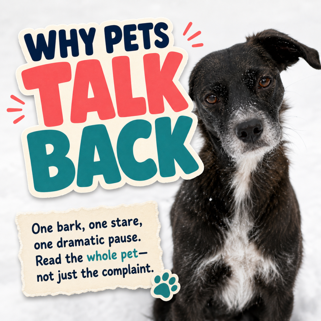 A snow-dusted black and white dog beside a bold CloudyAww title reading Why Pets Talk Back.