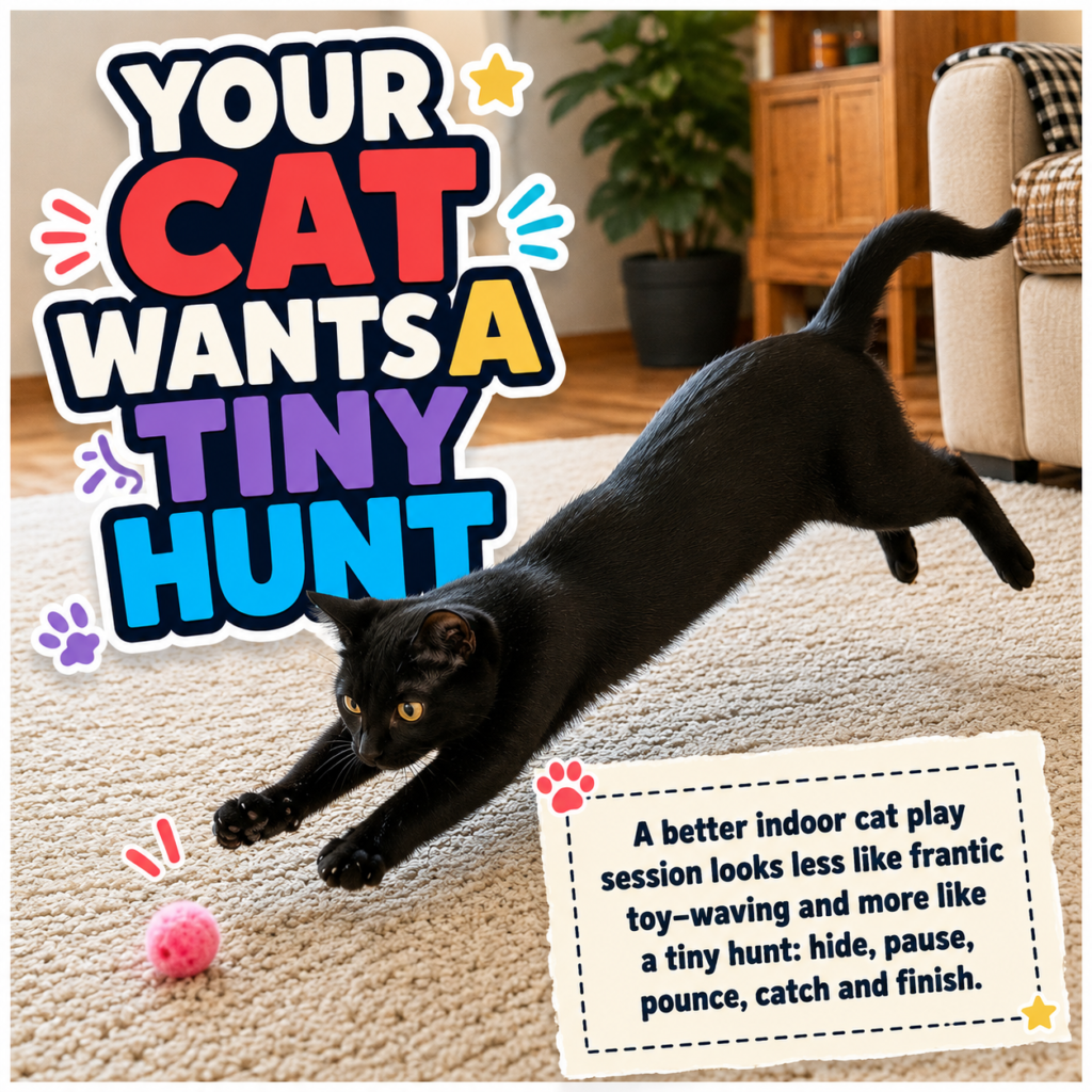 A black cat stretches toward a pink toy beside the words Your Cat Wants a Tiny Hunt.