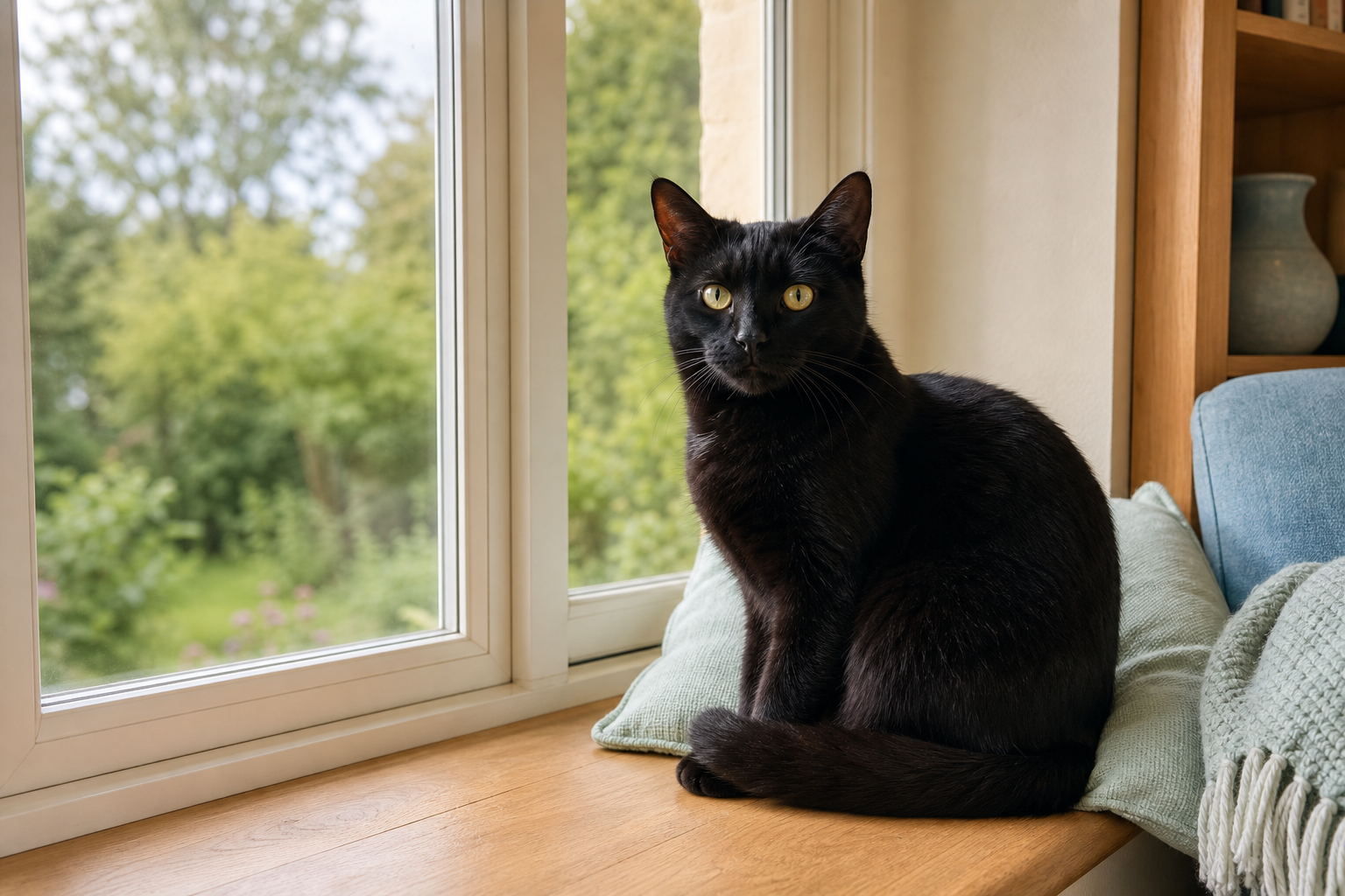 A black cat sits comfortably on a broad wooden window sill and looks toward the room.