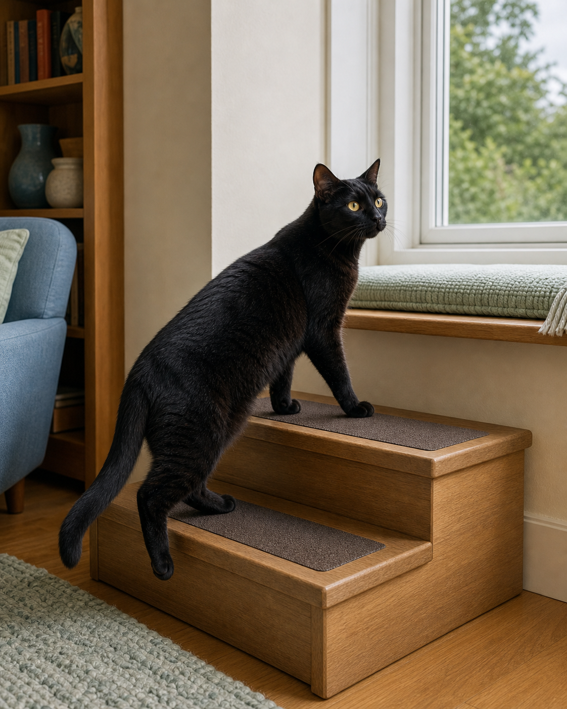 A black cat uses two broad non-slip wooden steps to reach a window.