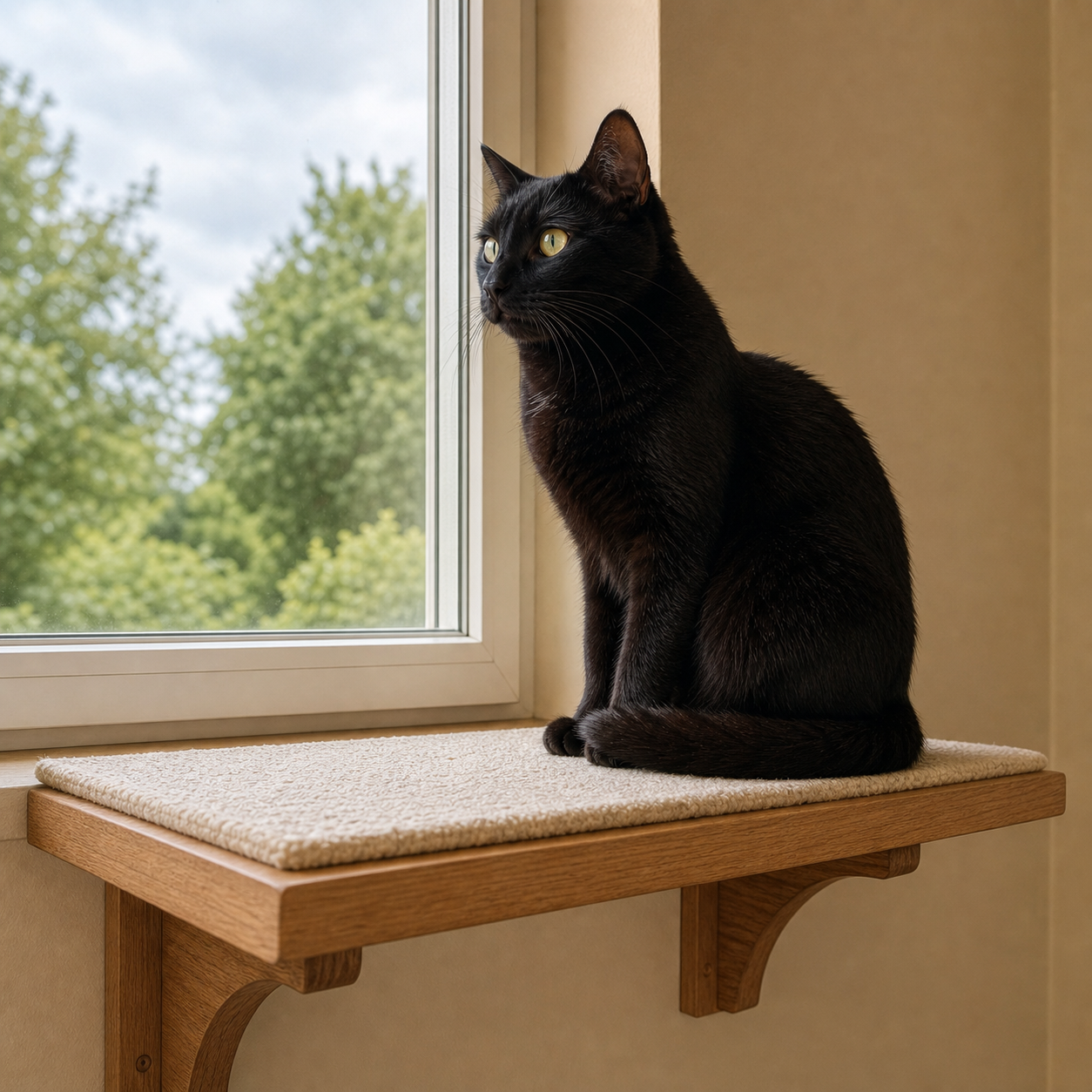 A black cat sits on a wide stable window shelf with wooden brackets and a thin mat.