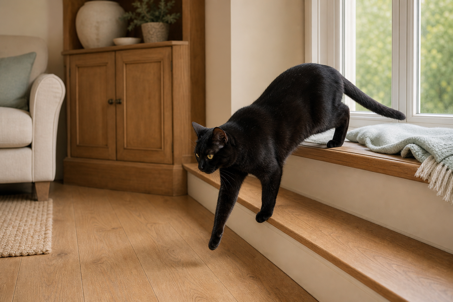 A black cat steps down from a window seat using a broad lower landing.