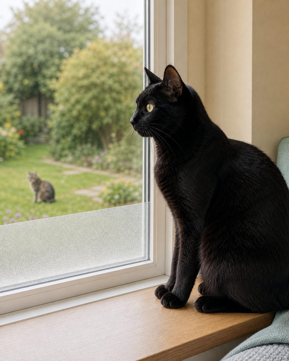 A black cat watches a distant outdoor cat through a closed window with privacy film across the lower pane.