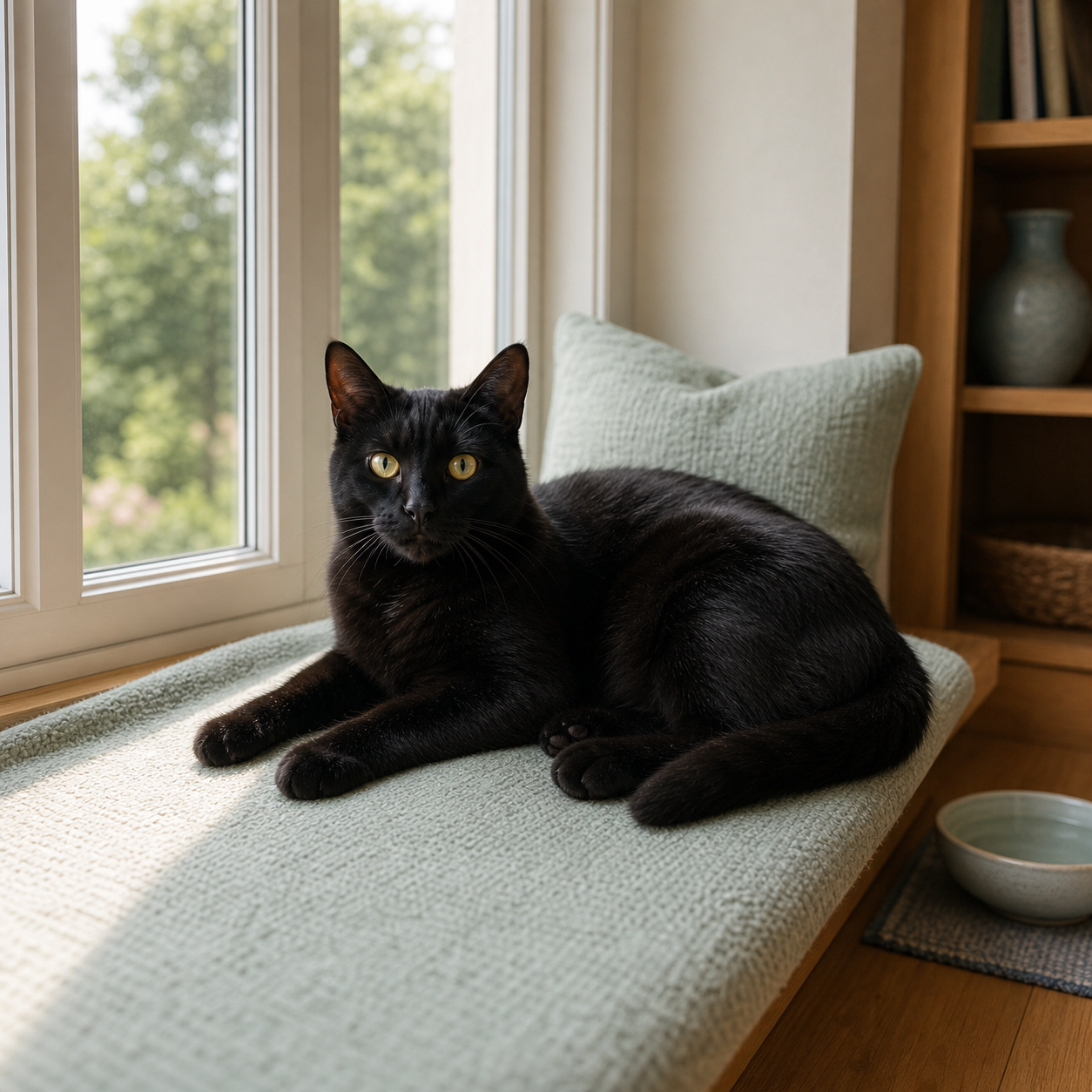 A black cat rests on a broad window perch with both gentle sunlight and shade available.