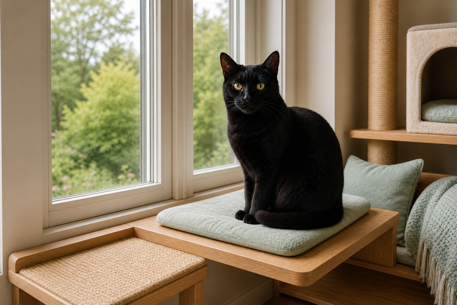 A black cat sits on a finished window setup with a wide step, scratcher and nearby resting nook.