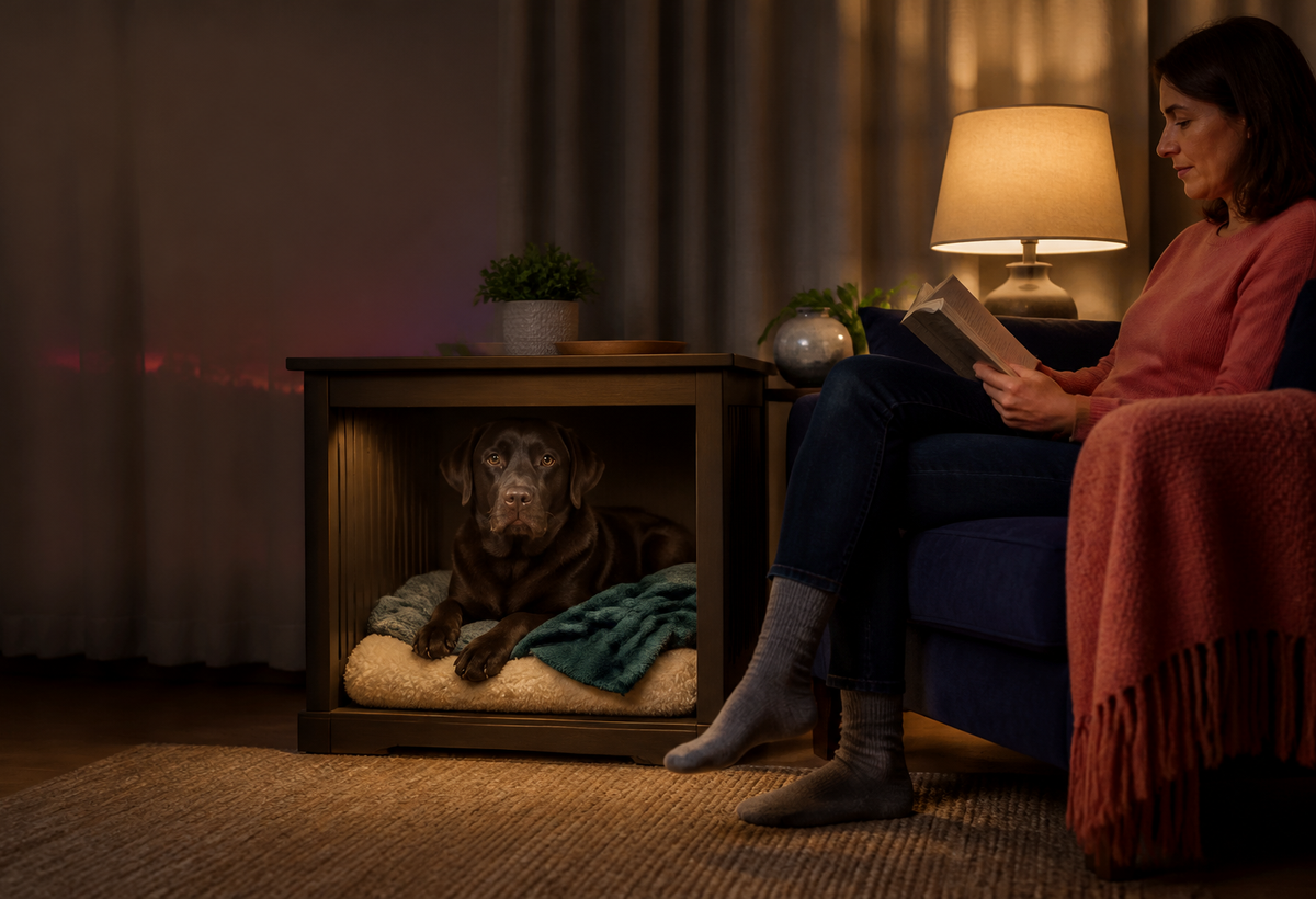 A chocolate Labrador rests in an open covered den while a person reads calmly nearby behind closed curtains.