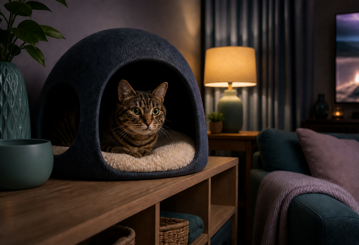 A tabby cat chooses a dark open cat cave in a softly lit room with closed curtains.