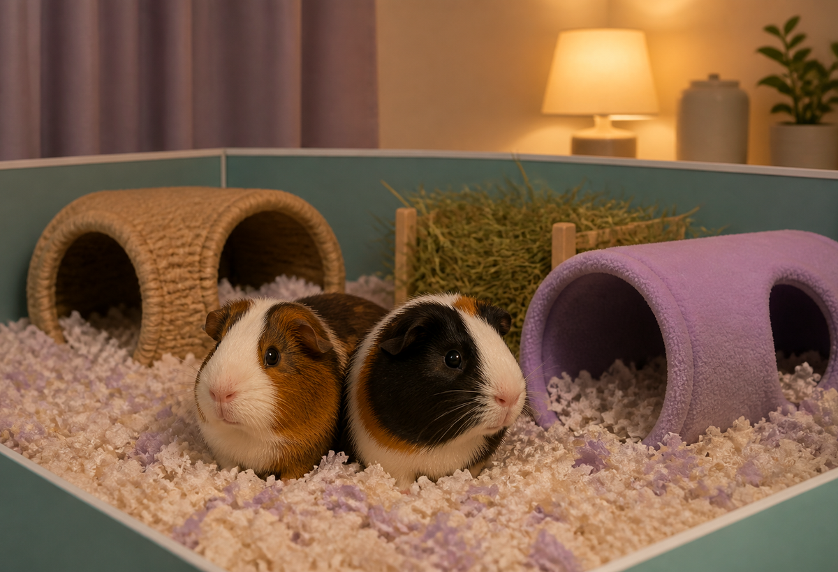 Two bonded guinea pigs rest together in a spacious indoor pen with bedding, hay and two open hides.