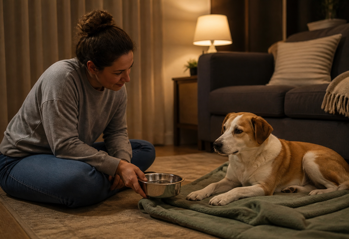 An owner sits calmly beside a dog settling on a blanket after a noisy evening and offers a water bowl without crowding the dog.