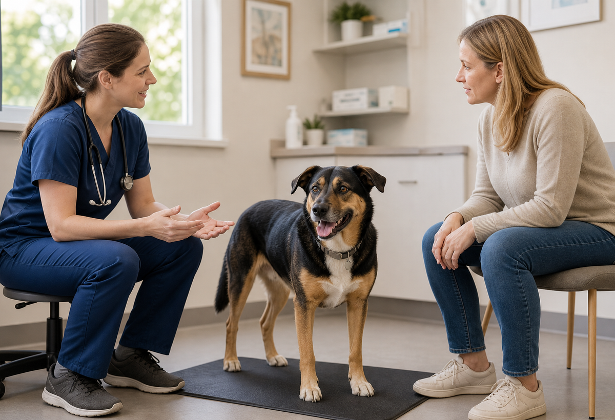 A veterinarian and an owner calmly discuss a fireworks plan while a relaxed mixed-breed dog stands on a low non-slip mat.