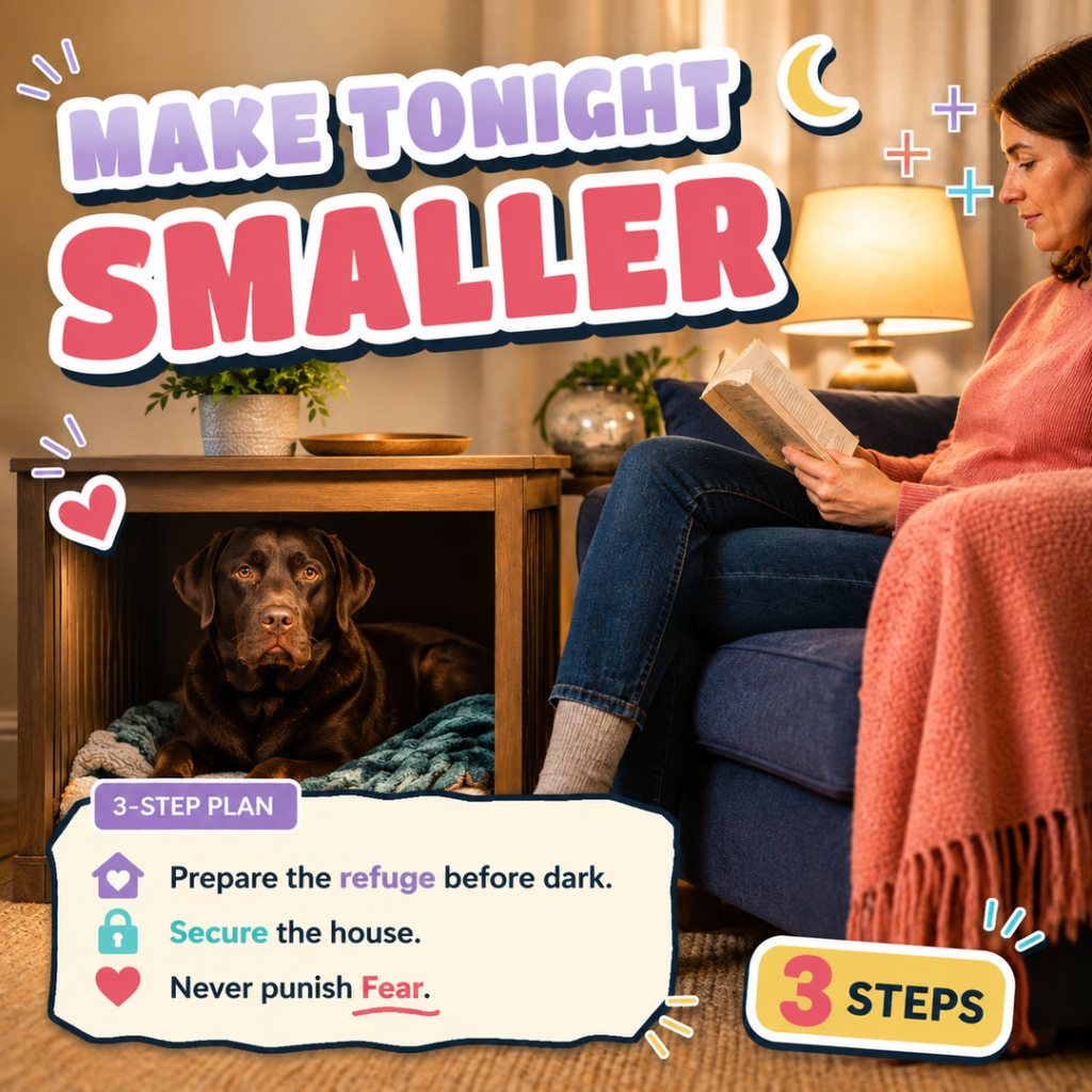 Chocolate Labrador resting in a prepared refuge beside the headline Make Tonight Smaller.