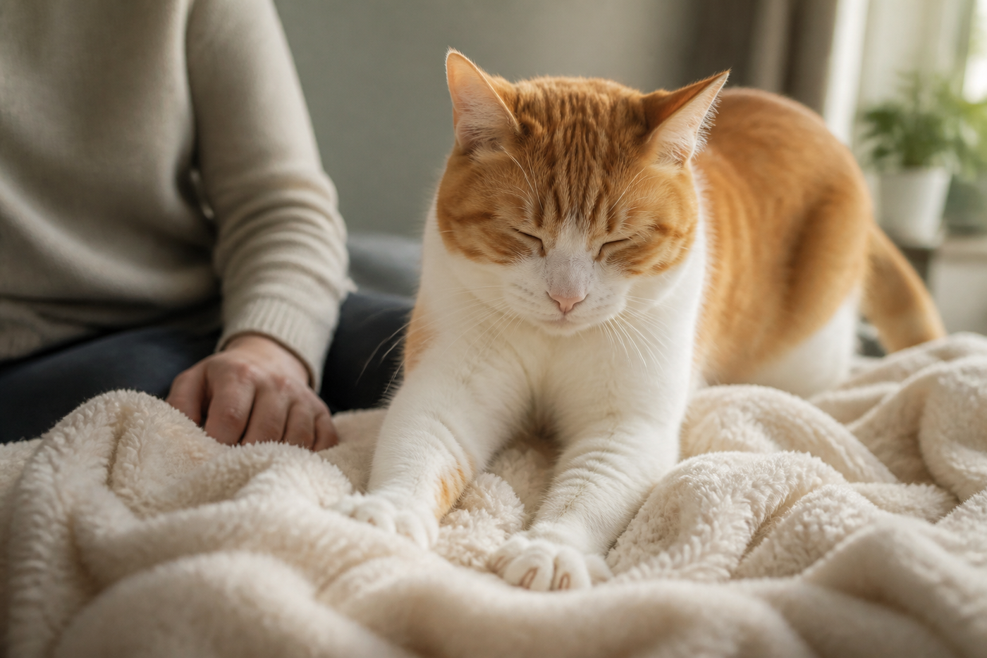 An orange-and-white cat kneads a soft blanket beside a person in warm window light.