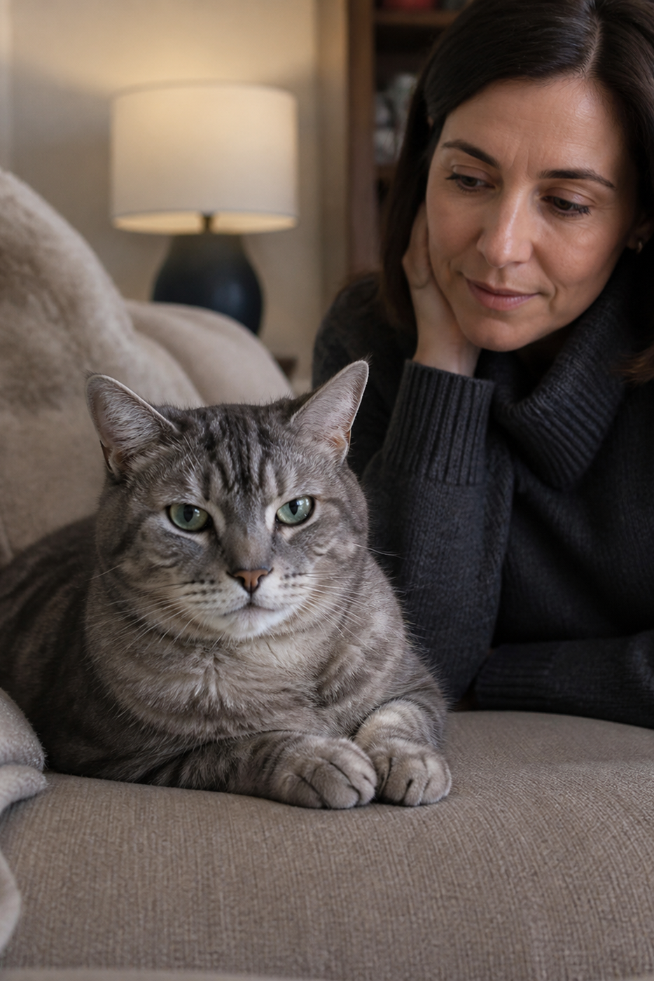 A senior grey tabby rests upright on a sofa while its owner quietly observes.