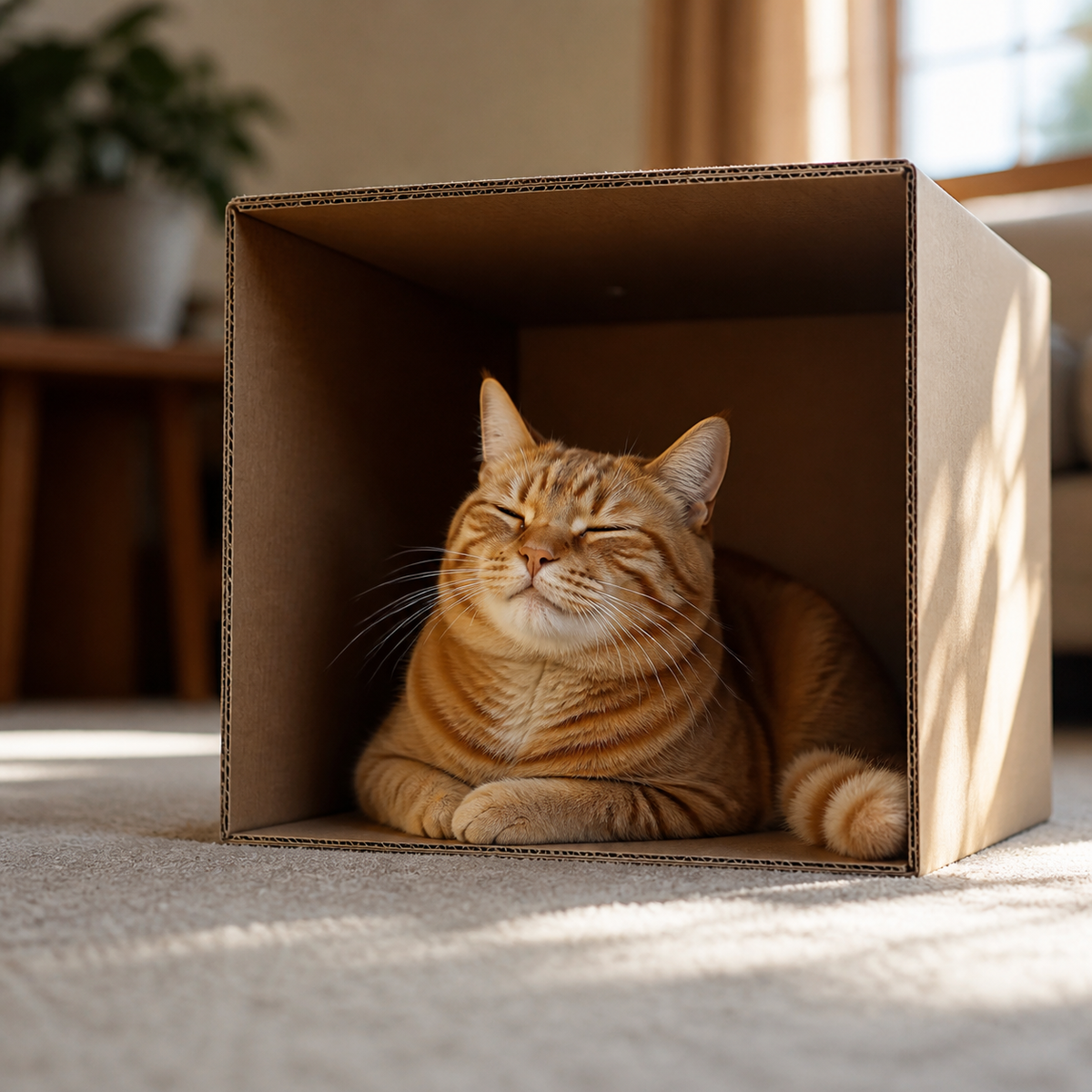 A ginger cat settles inside an open cardboard hide with a clear exit.