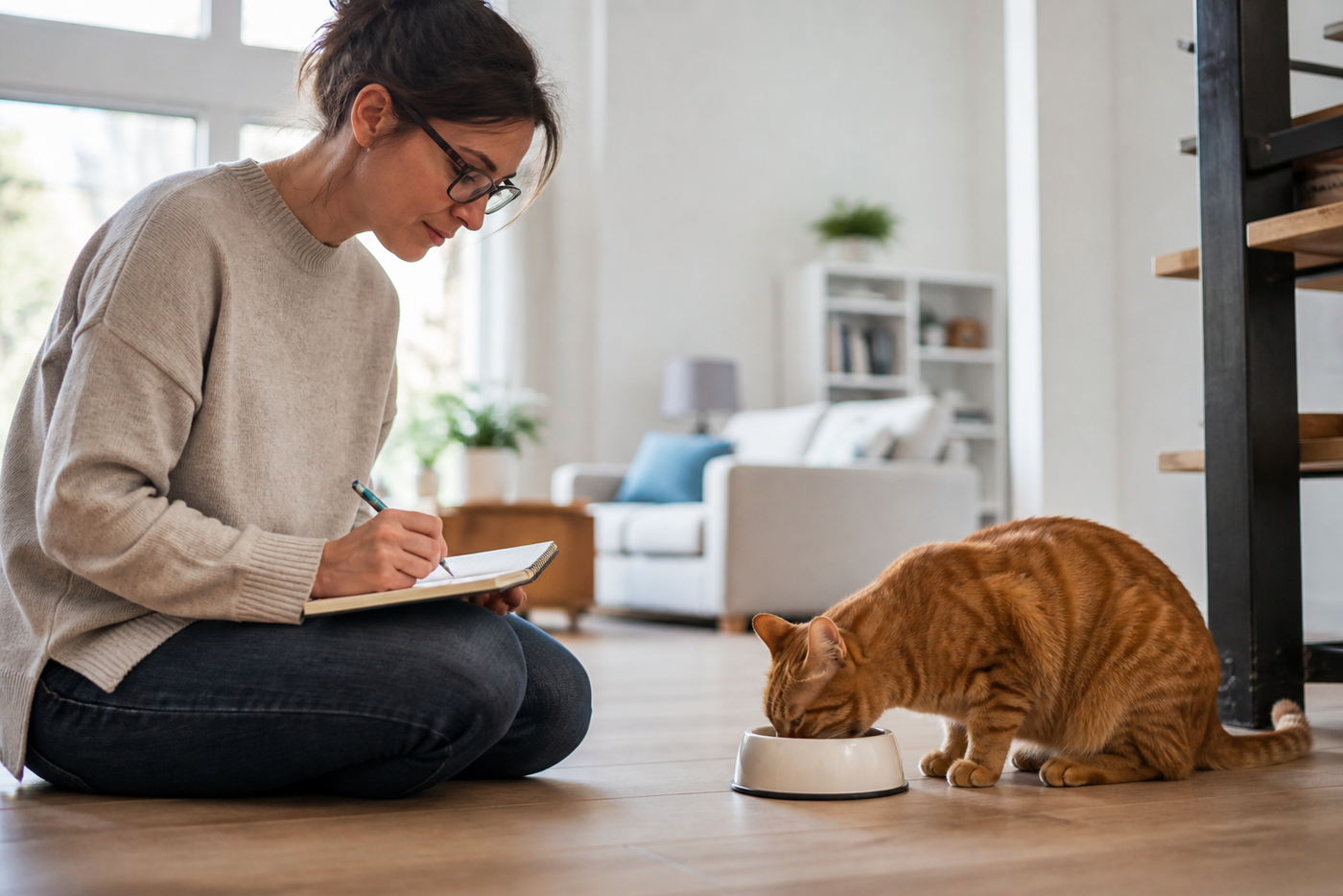 A person notes a cat's routine in a notebook while the cat eats normally nearby.