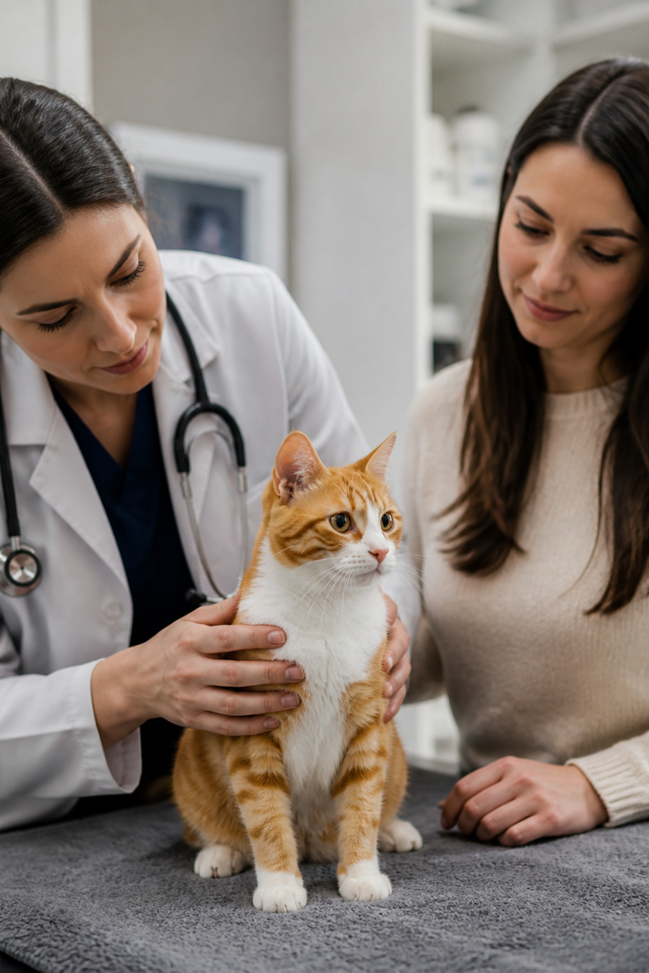 A veterinarian gently examines an alert orange-and-white cat with its owner present.