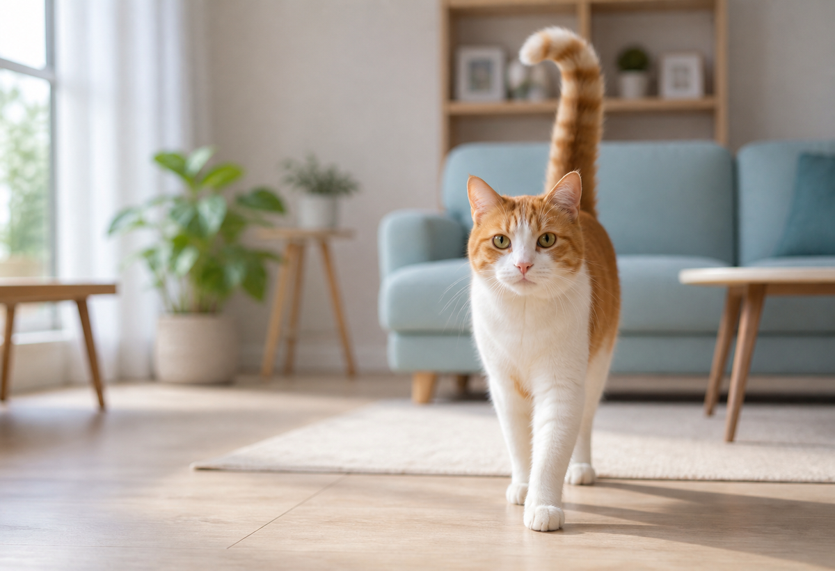 A relaxed ginger-and-white cat approaches with an upright question-mark tail.