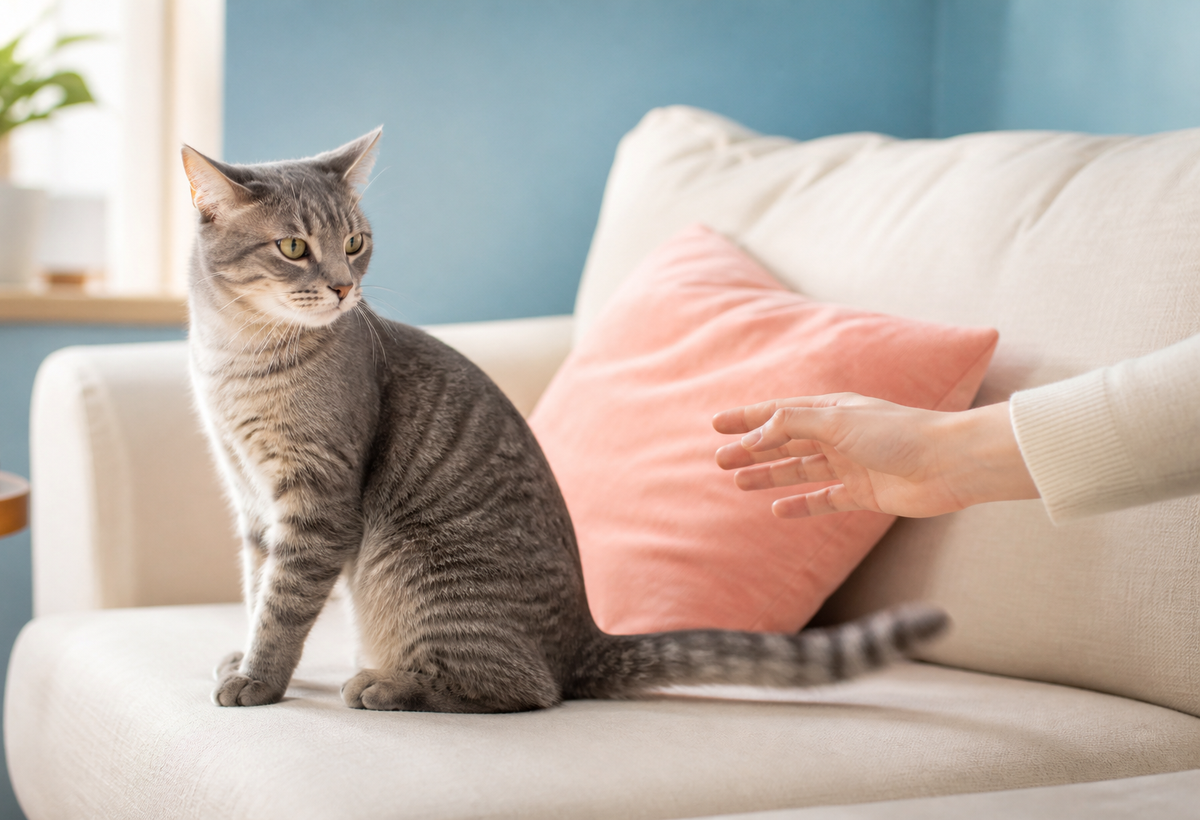 A grey tabby sits on a cream sofa while a person pauses their hand as the tail swishes.