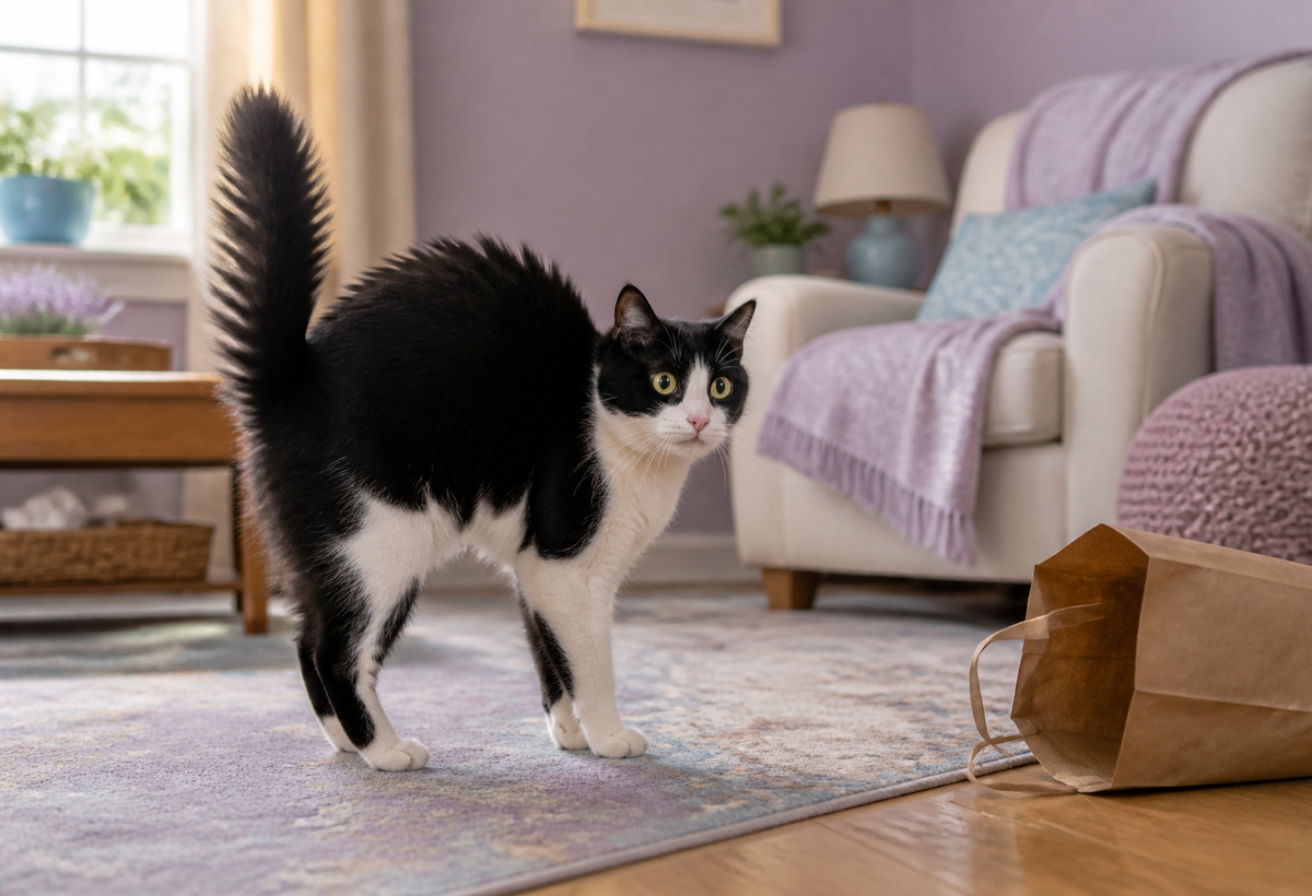 A surprised black-and-white cat stands with an arched back and a fully puffed tail beside a tipped paper bag.