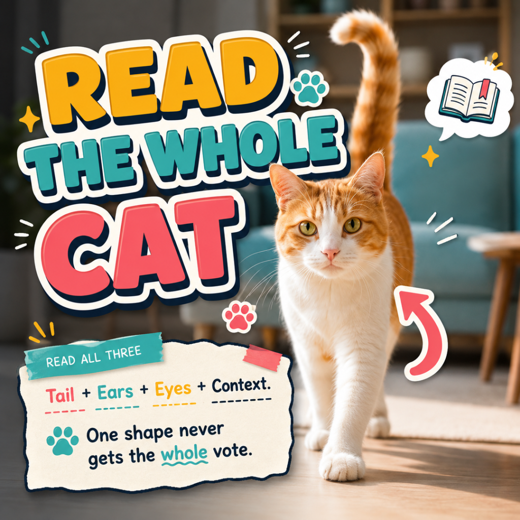 Ginger-and-white cat walking toward the camera with its tail raised beside the headline Read the Whole Cat.