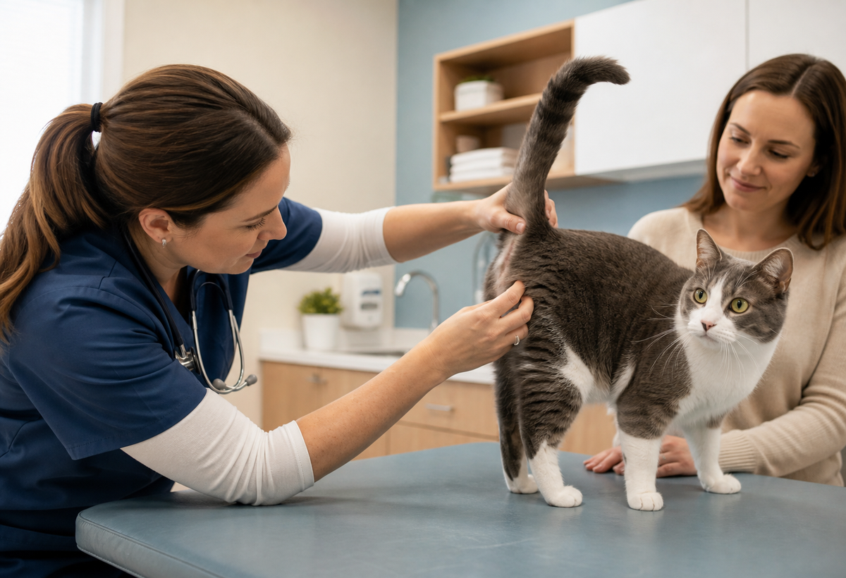 A veterinary professional gently examines the base of a grey-and-white cat's tail while the owner stays nearby.