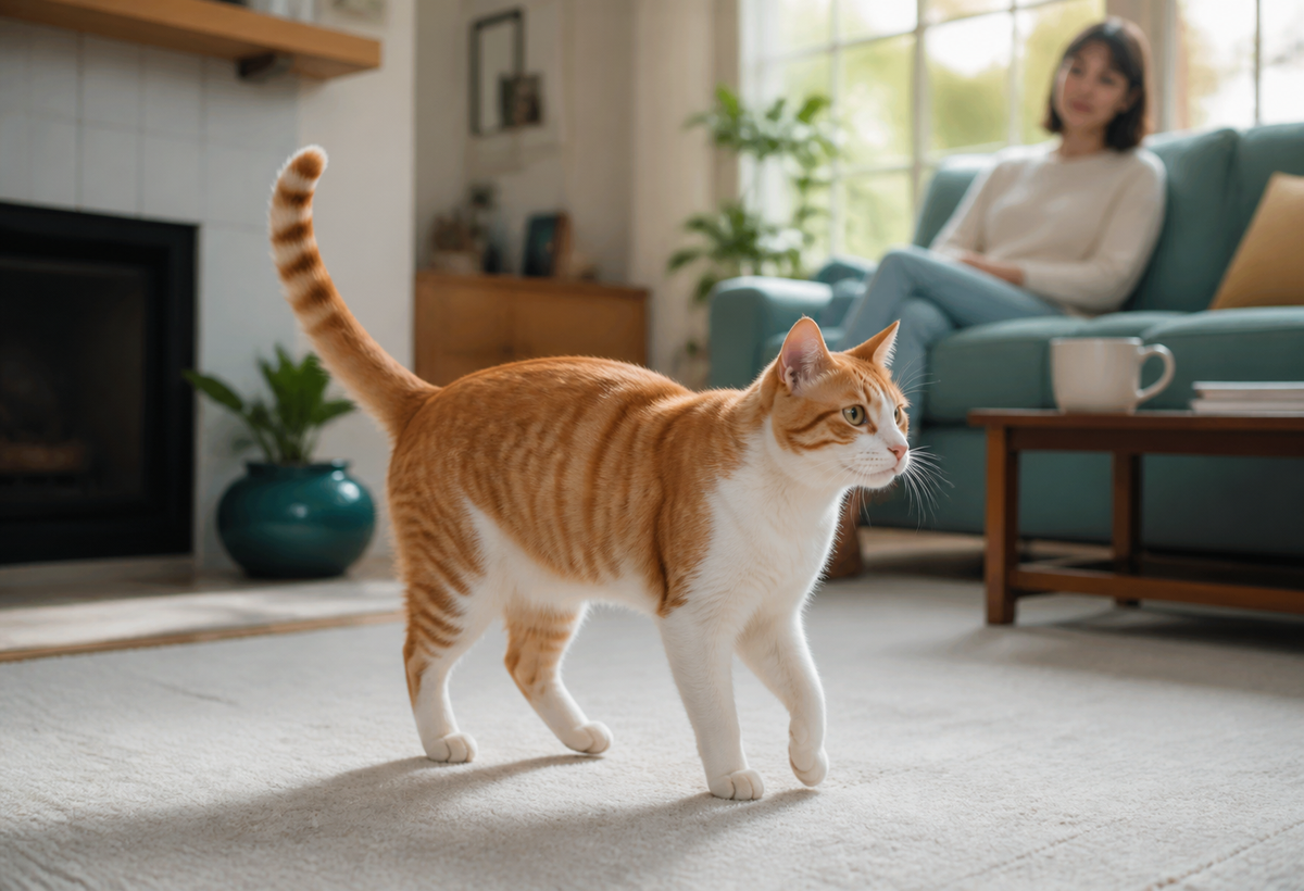 A ginger-and-white cat walks calmly through a living room while a person observes its tail, ears, eyes and posture from a respectful distance.