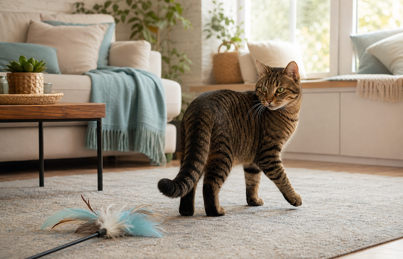 A relaxed brown tabby walks away from a feather wand and looks back across a softly lit living room.