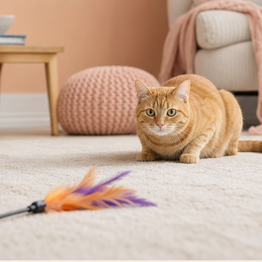 A ginger cat crouches loosely several feet from a feather wand and continues to watch it.