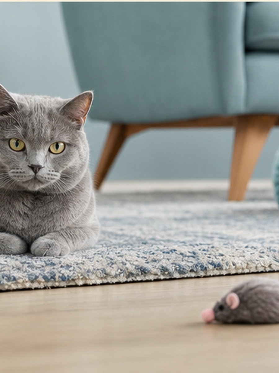 A tabby stands calmly while a feather wand is held still at a respectful distance.