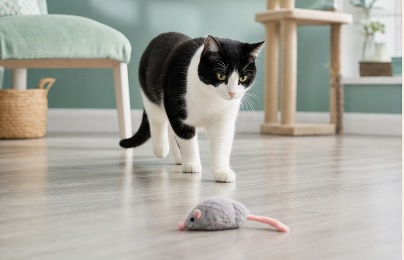 A black-and-white cat walks calmly back toward a small mouse toy.