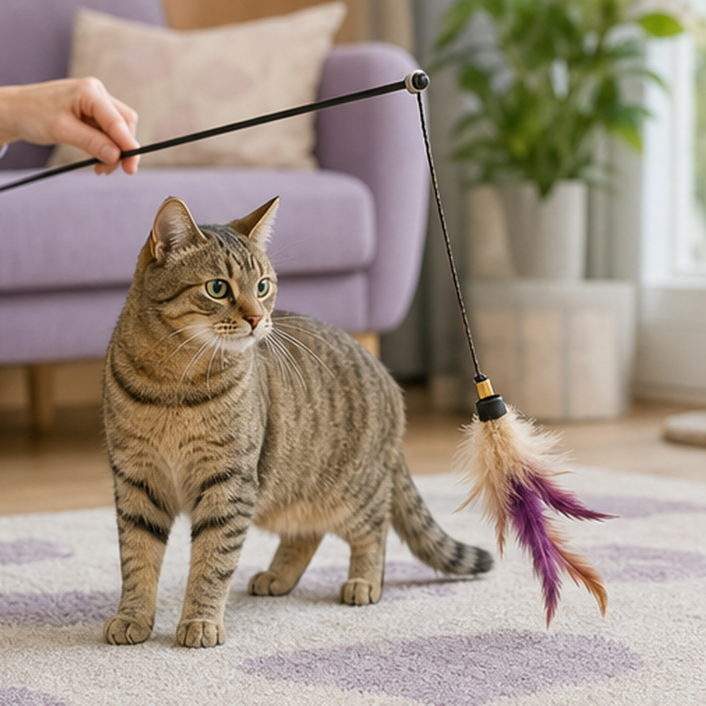 A tortoiseshell cat walks toward a cosy bed while the feather toy remains behind.