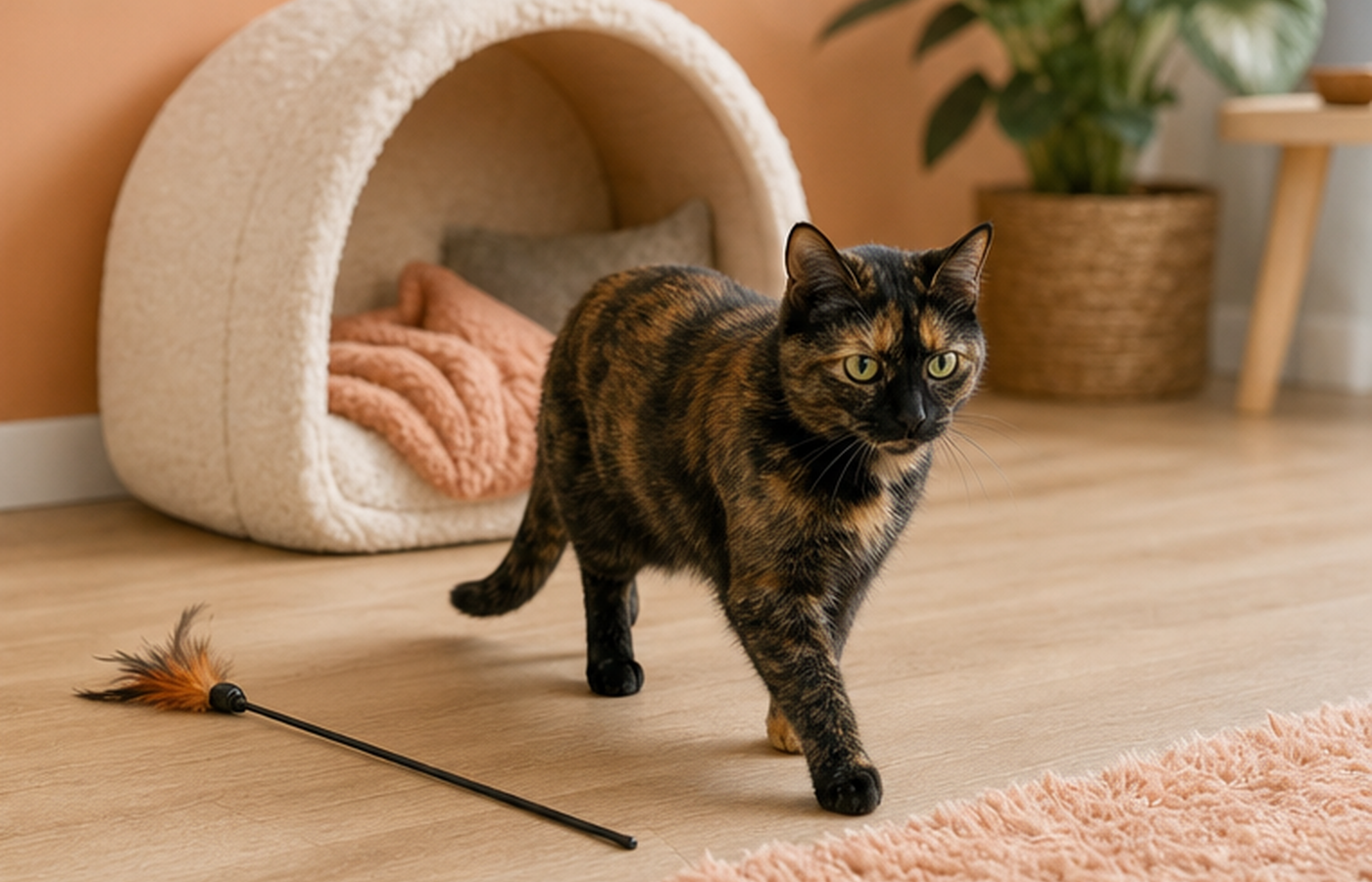 A tabby pauses with a tense low body and flicking tail while the feather toy lies still on the floor.