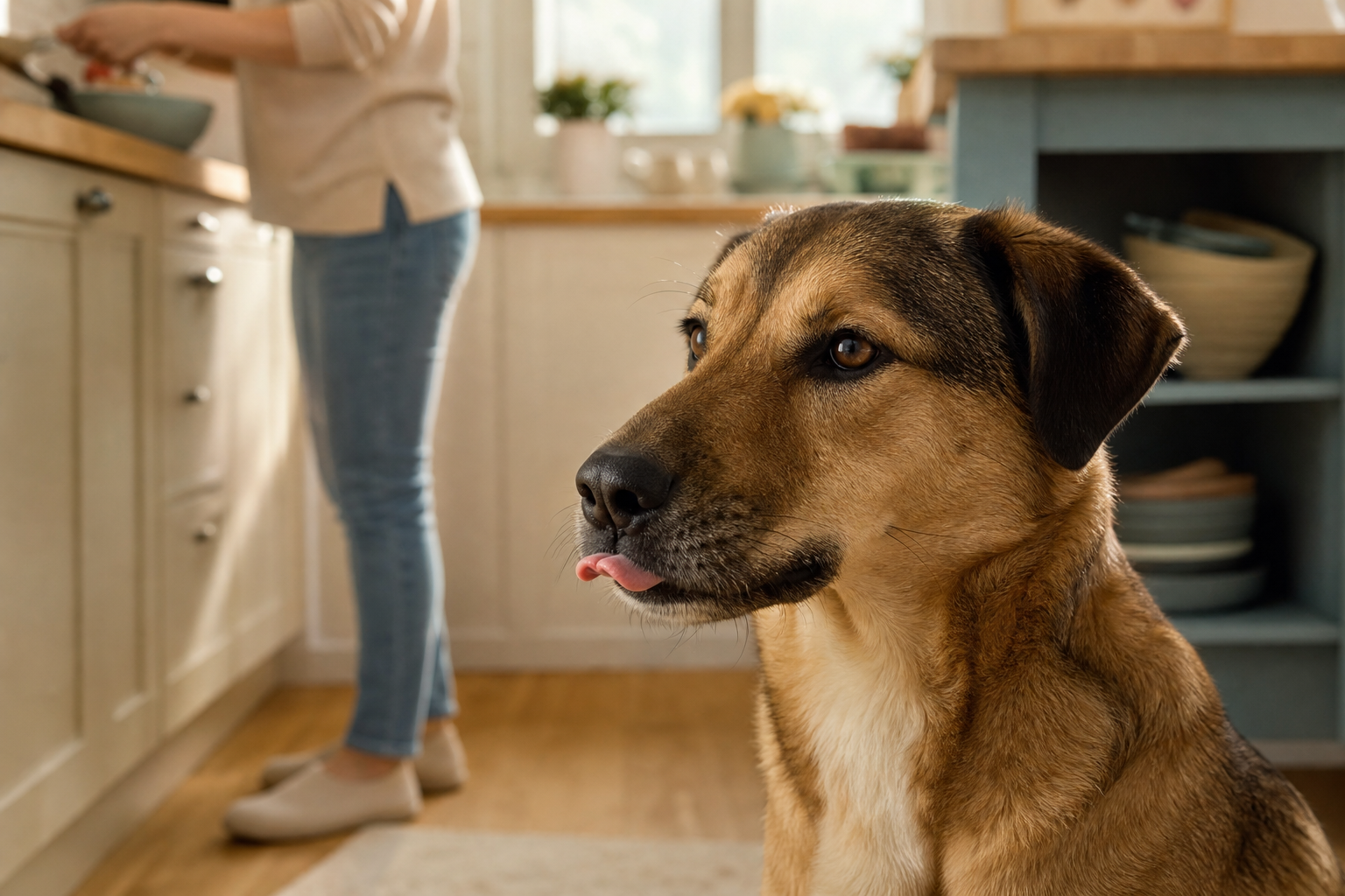 A relaxed mixed-breed dog gives a small nose lick while watching food preparation in a warm kitchen.
