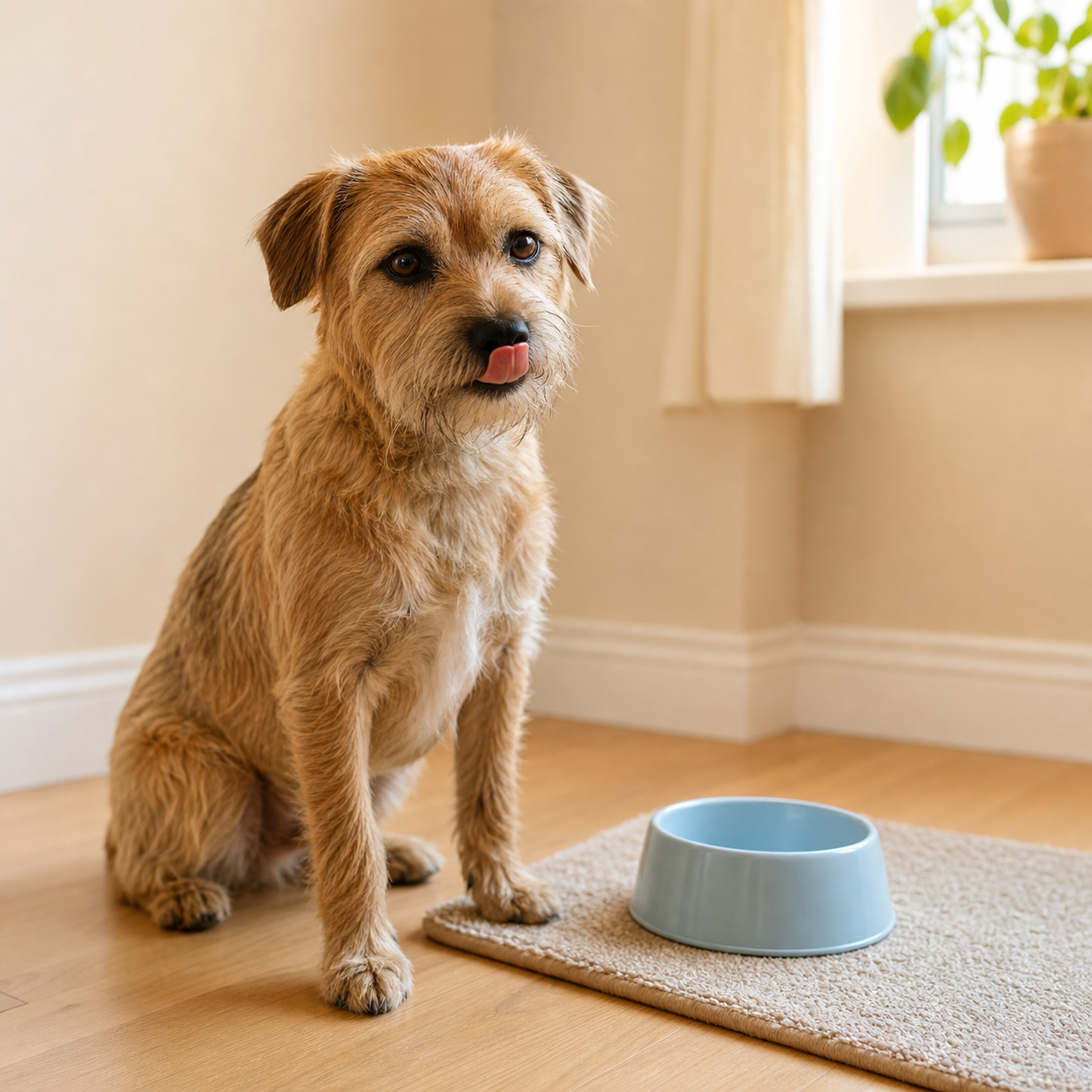 A small relaxed dog gives a quick tongue flick while waiting beside its dinner bowl.