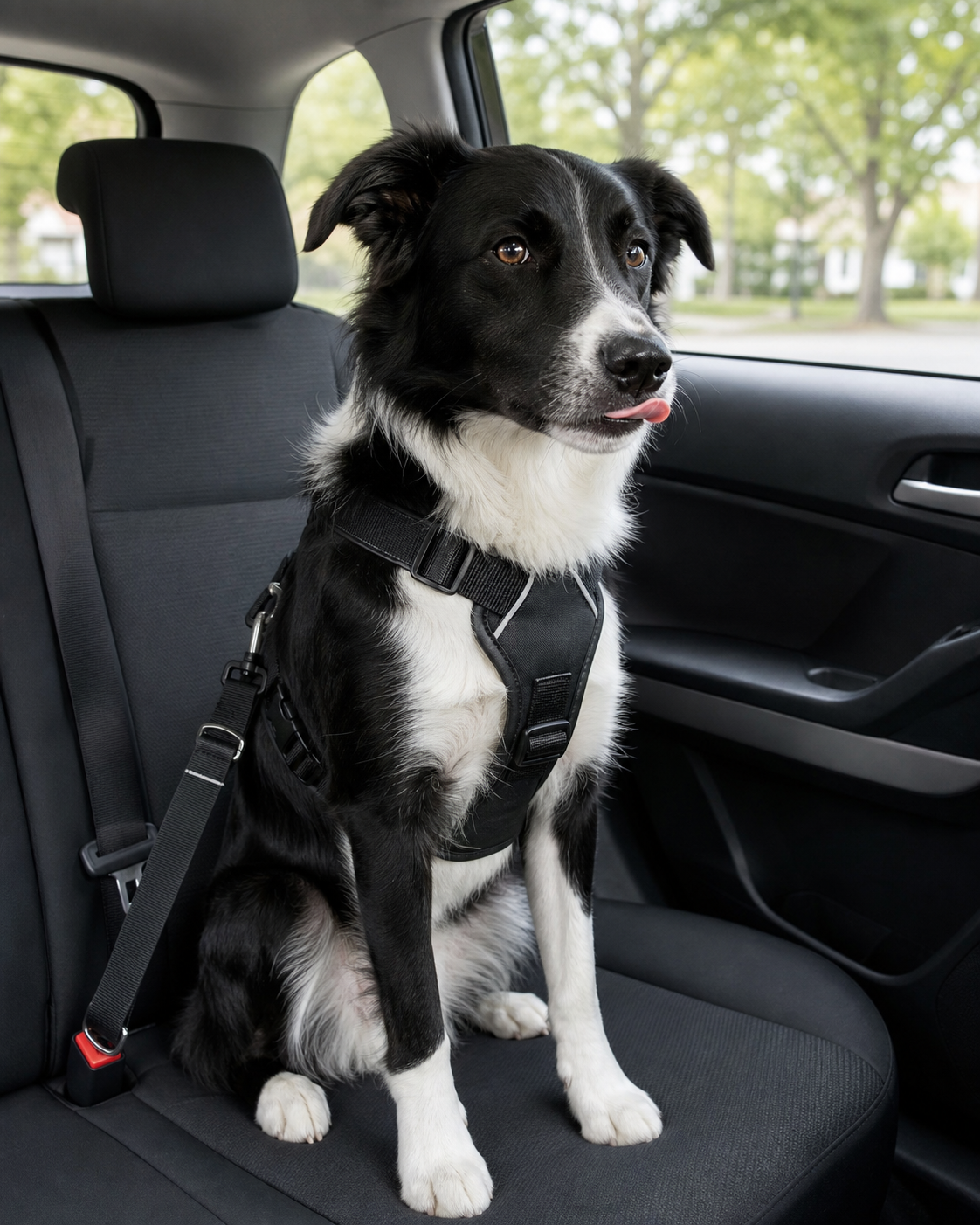 A harnessed dog sits in a stationary parked car and gives a small lip lick.