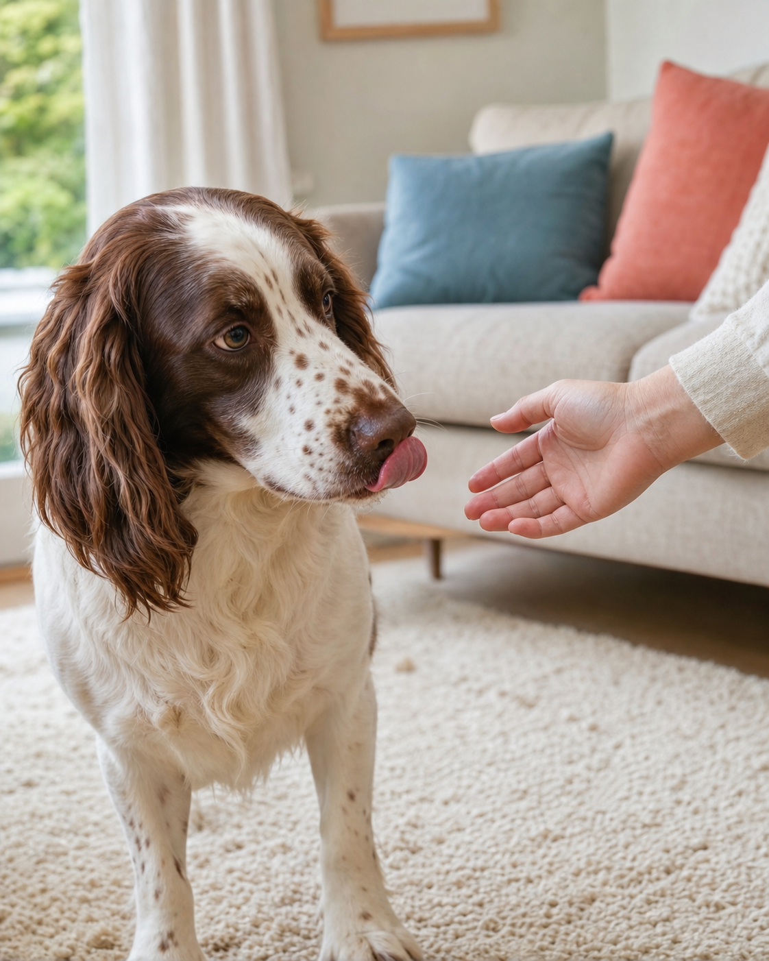 A spaniel turns its head slightly away as an adult pauses an open hand and gives the dog space.