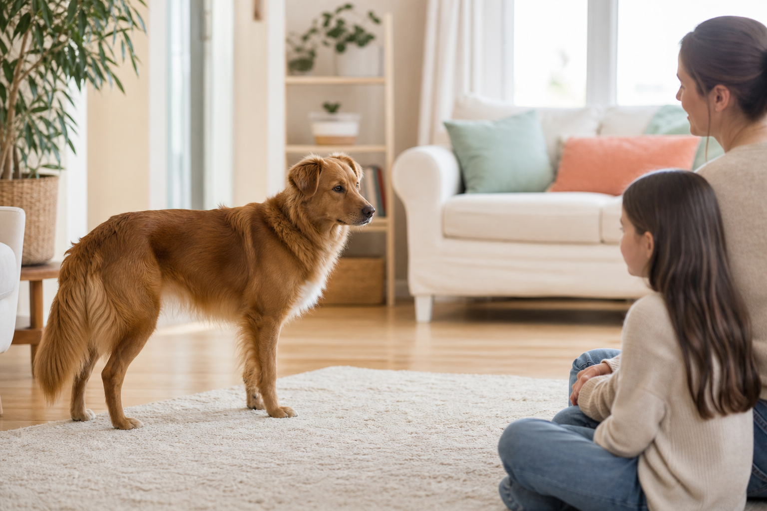 An adult and child sit sideways and calmly allow a dog to choose whether to approach.