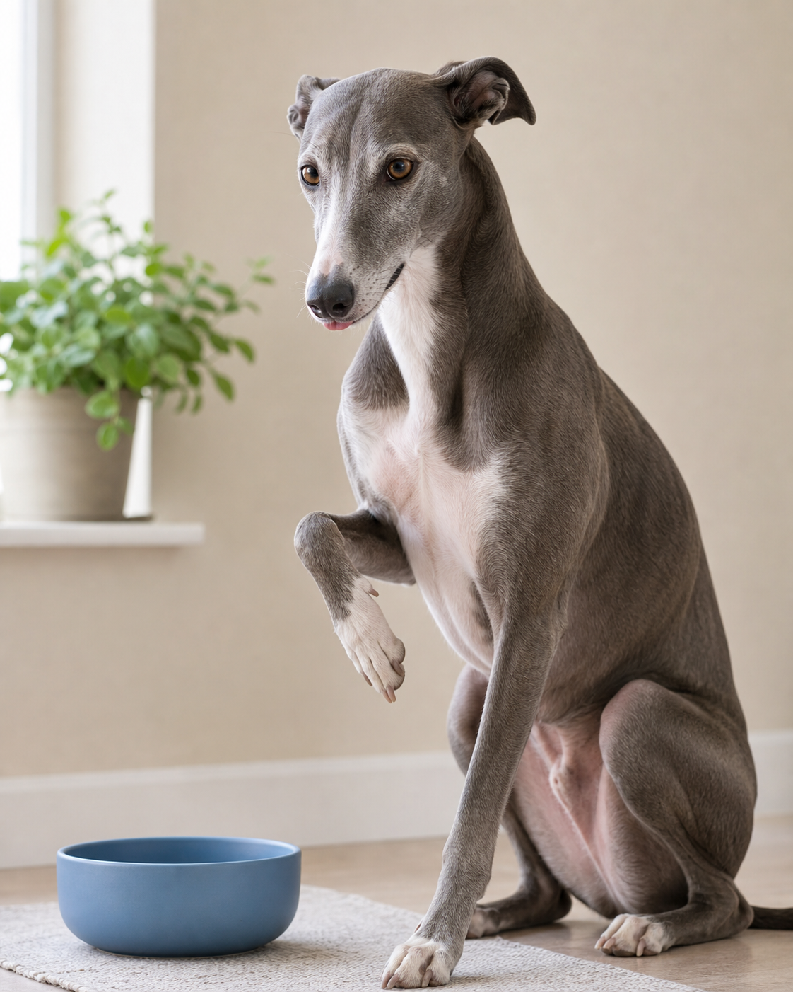 A dog sits beside its bowl with one paw lifted near its chest in a calm home setting.