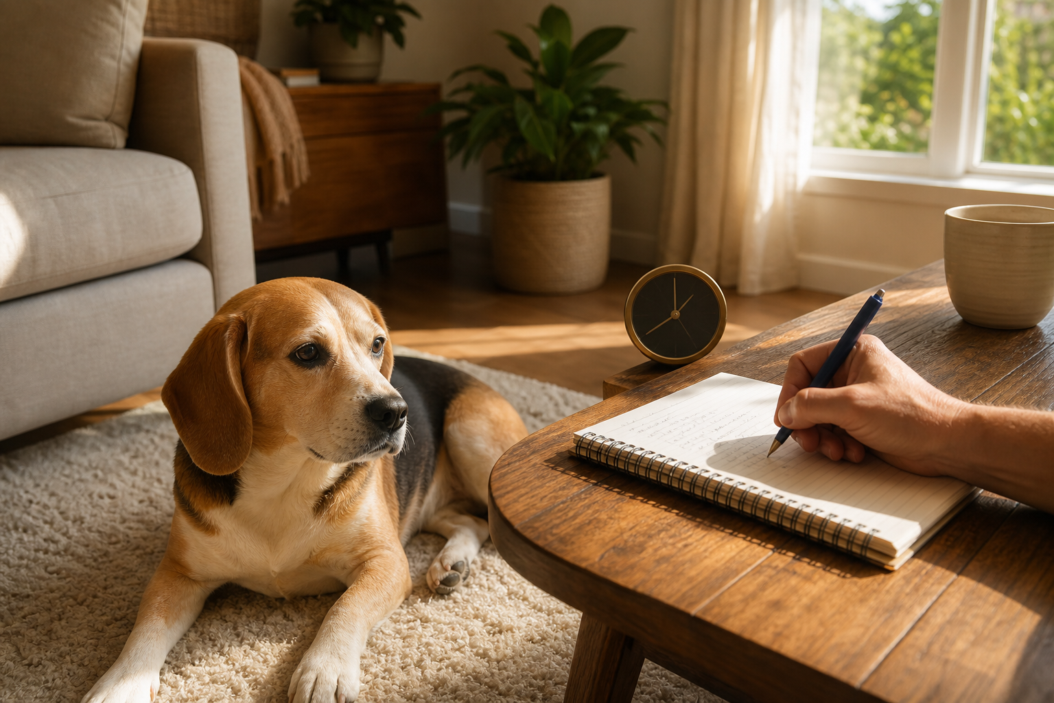 A dog rests nearby while its owner writes a short behaviour pattern note at a table.