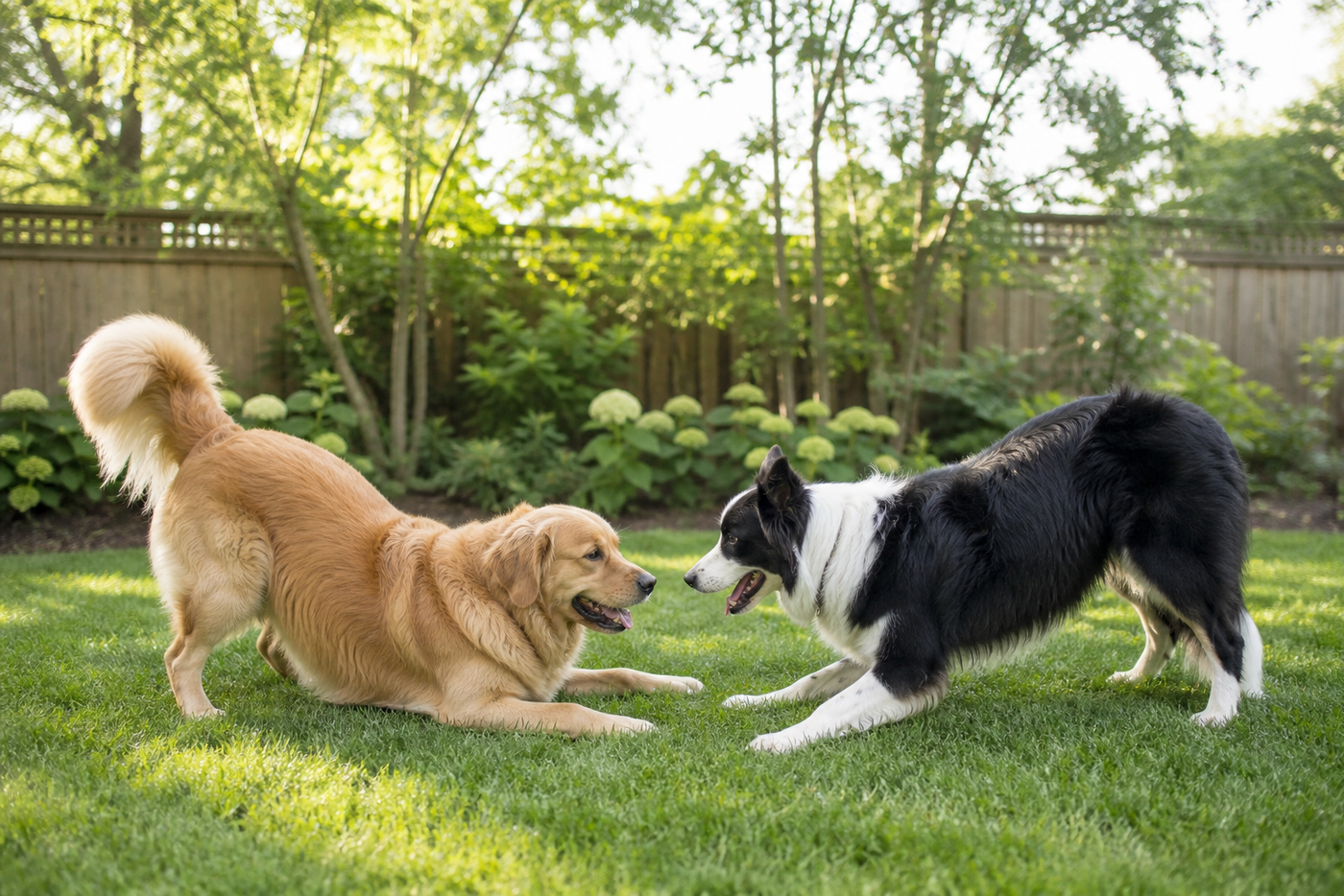 A golden retriever and border collie exchange loose play bows in a secure sunny garden.