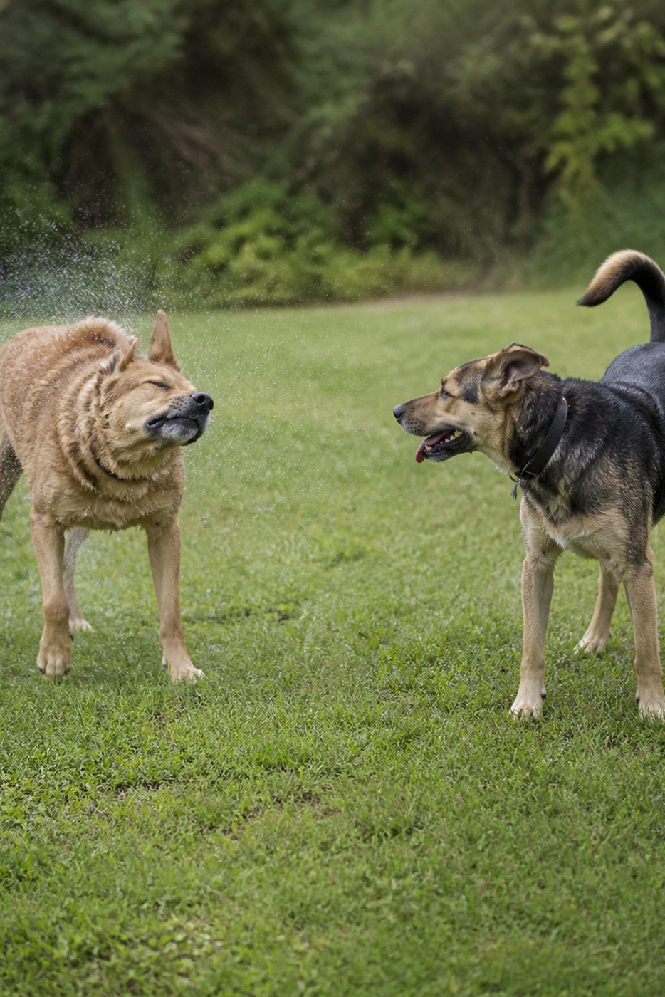 Two mixed-breed dogs pause as one shakes off during play on grass.