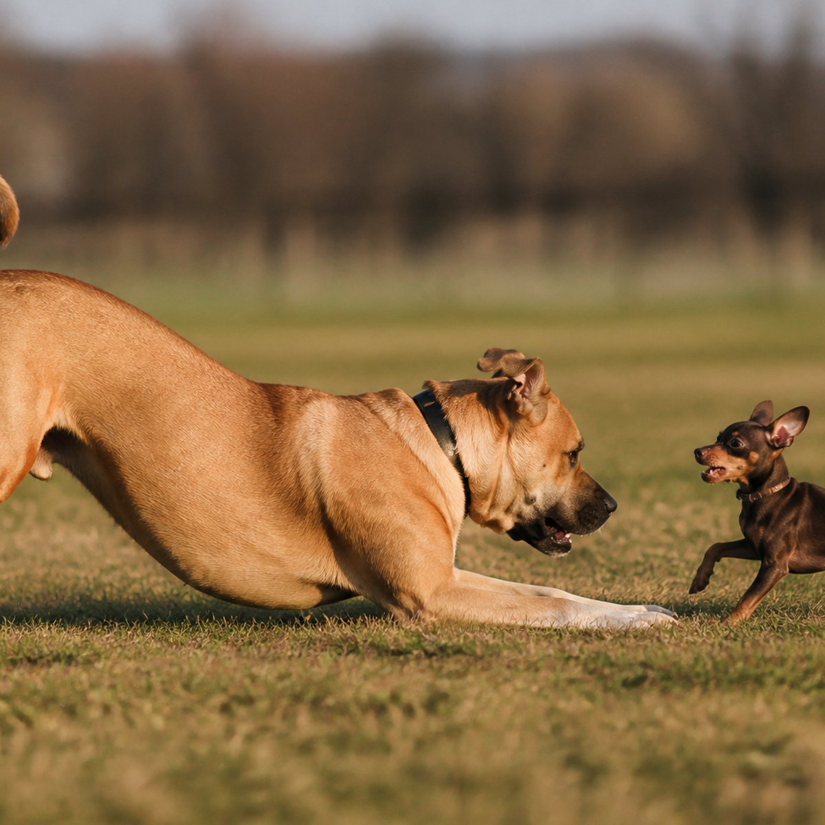 A large dog lowers itself gently while playing with a much smaller dog in an open field.