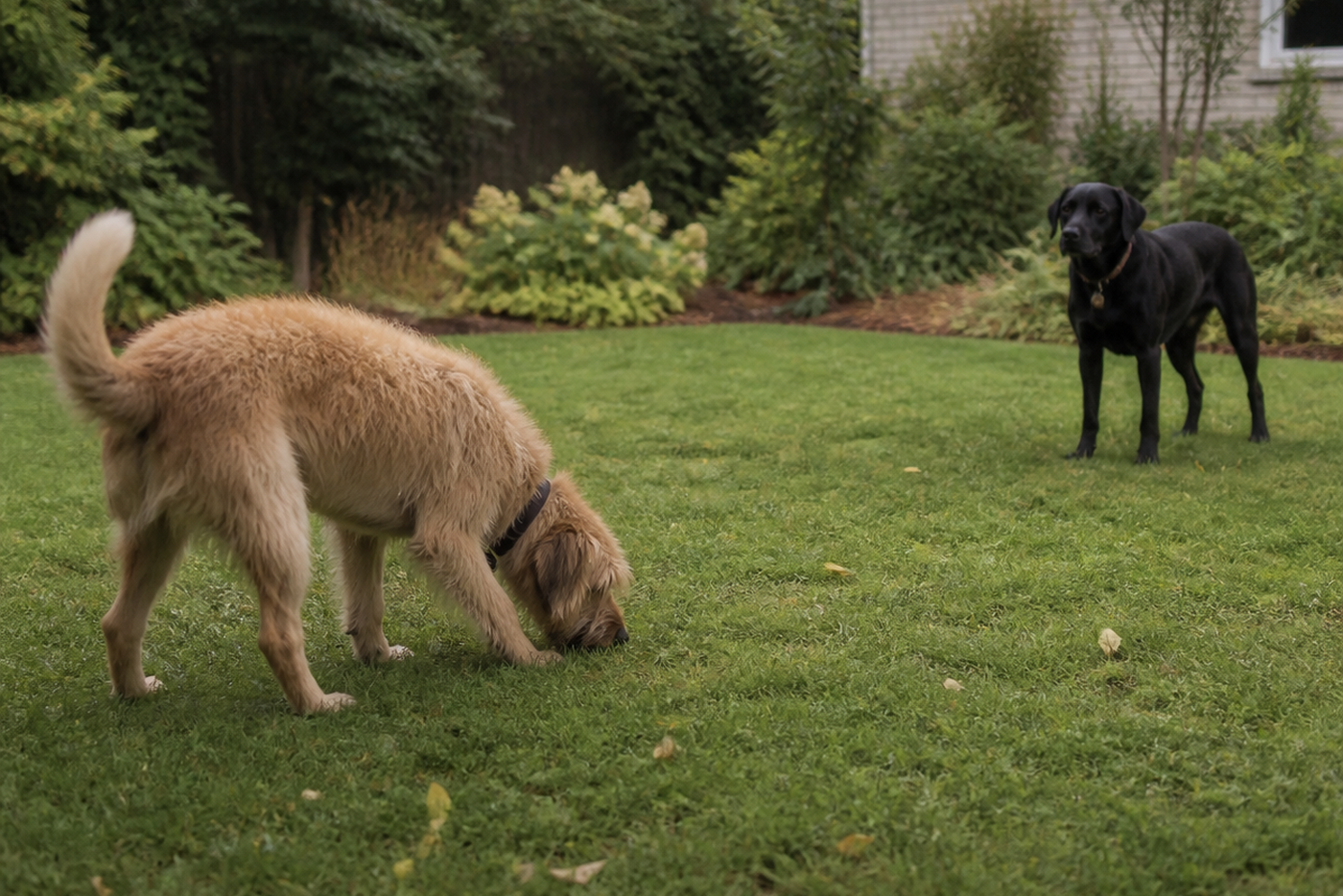 One dog sniffs the grass during a play pause while another waits at a comfortable distance.