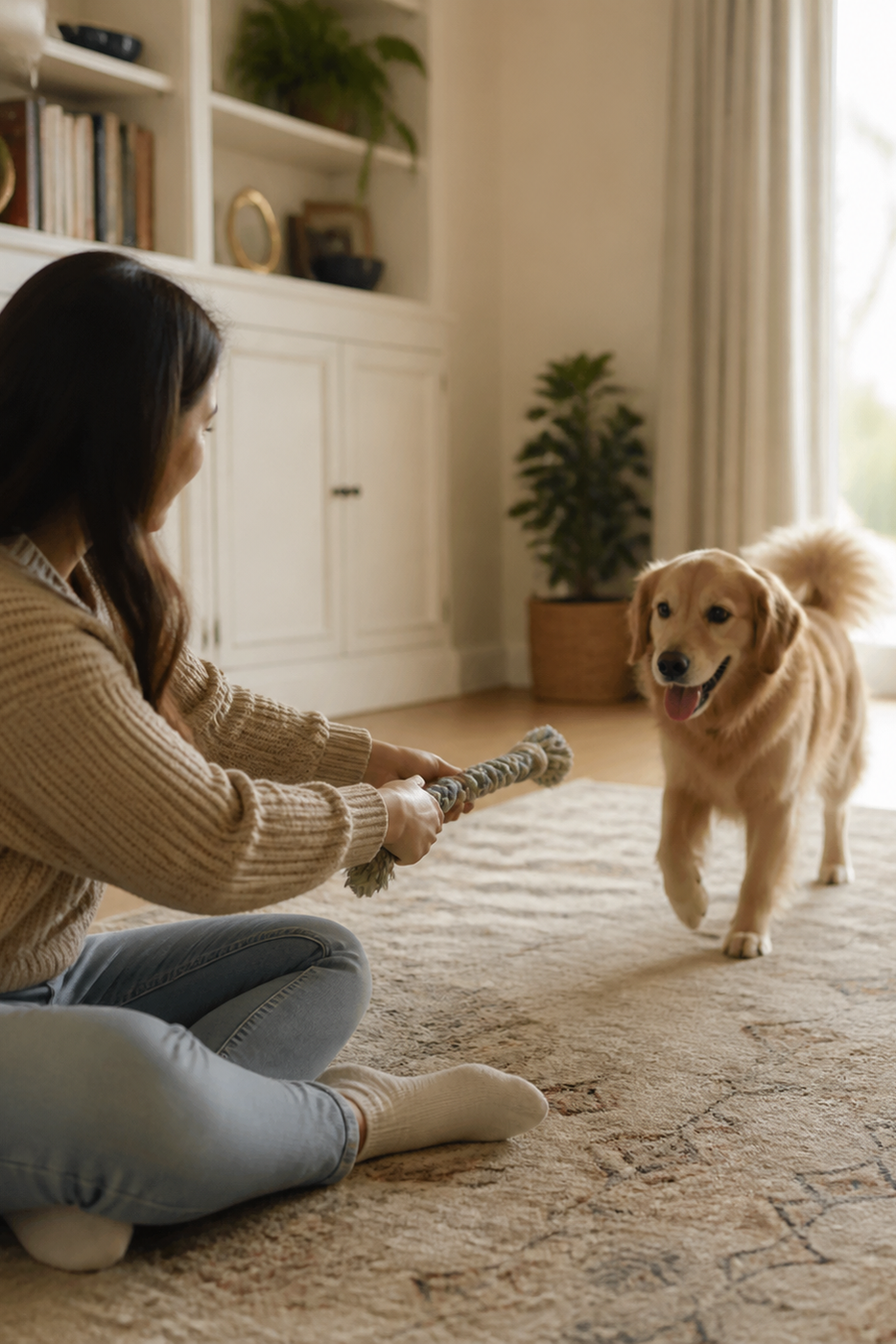 A person offers a tug toy from the floor as a relaxed dog approaches in a bright room.