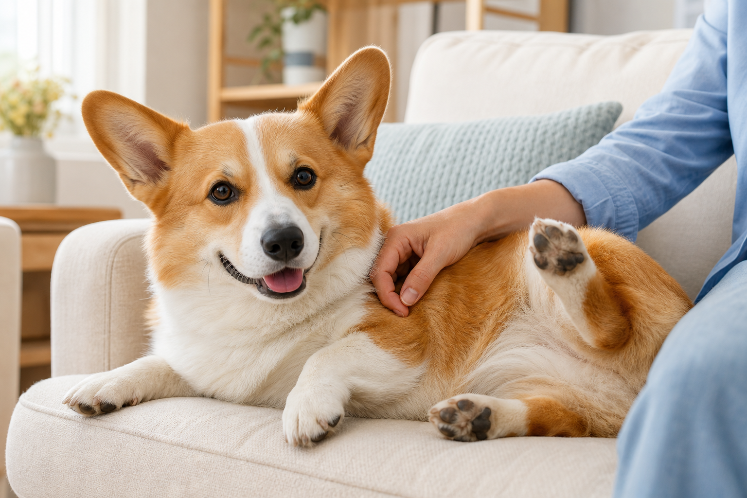 A relaxed red-and-white Corgi lifts one hind paw during a gentle scratch on a cream sofa.