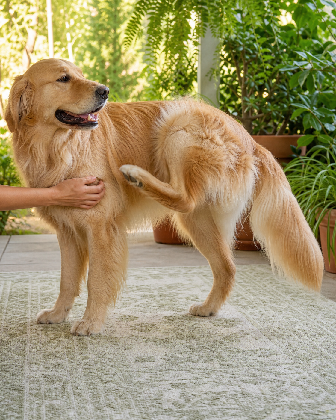 A Golden Retriever lifts a rear paw in a scratch reflex while standing on a leafy garden patio.