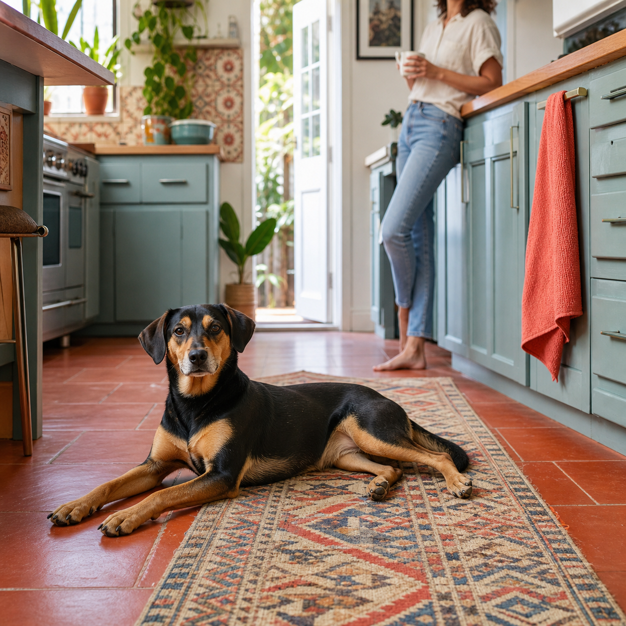 A relaxed black-and-tan mixed-breed dog rests on a patterned runner in a teal kitchen.
