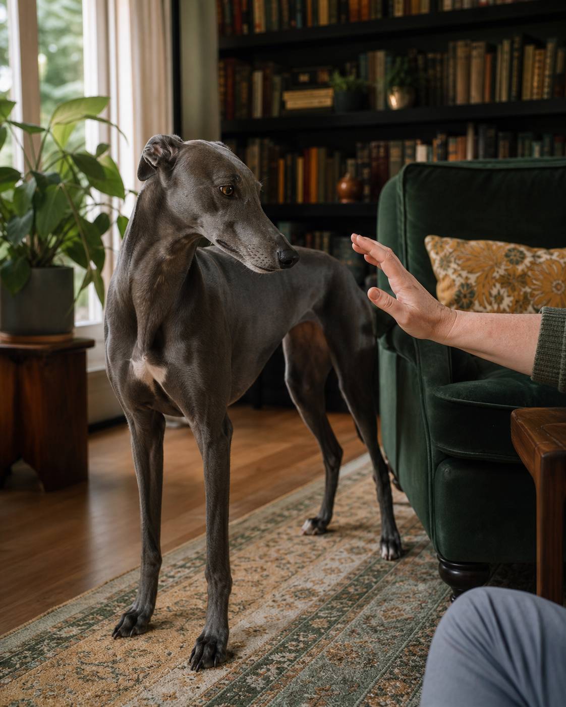 A Greyhound turns slightly away from a paused hand in a dark green reading nook.