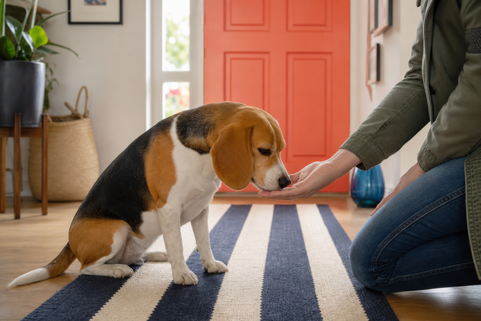 A Beagle chooses to approach a low open hand in a bright hallway with a coral door.